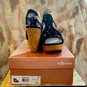 Fergalicious by Fergie sz 8 black lace wedges. New in box.